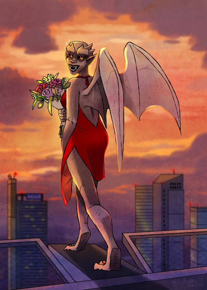 Gargoyle girl in a lovely red dress holding a bouquet of flowers overlooking a city at sunset.
