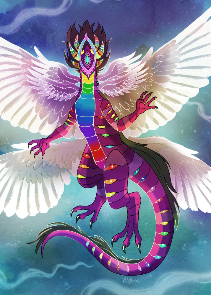 A purple dragon creature with rainbow eyes, belly scales and horns. has 4 big, white, feathery wings!