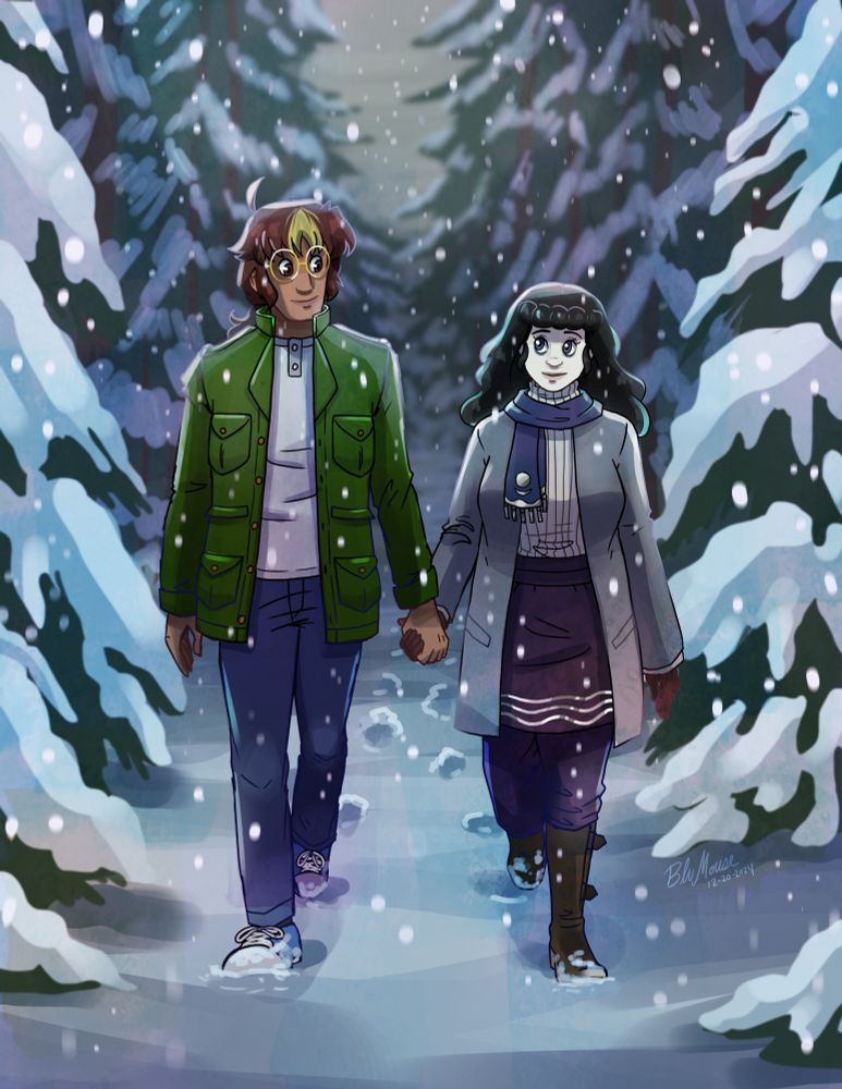  Young man and woman are walking in the snow holding hands, surrounded by snow covered pine trees.
