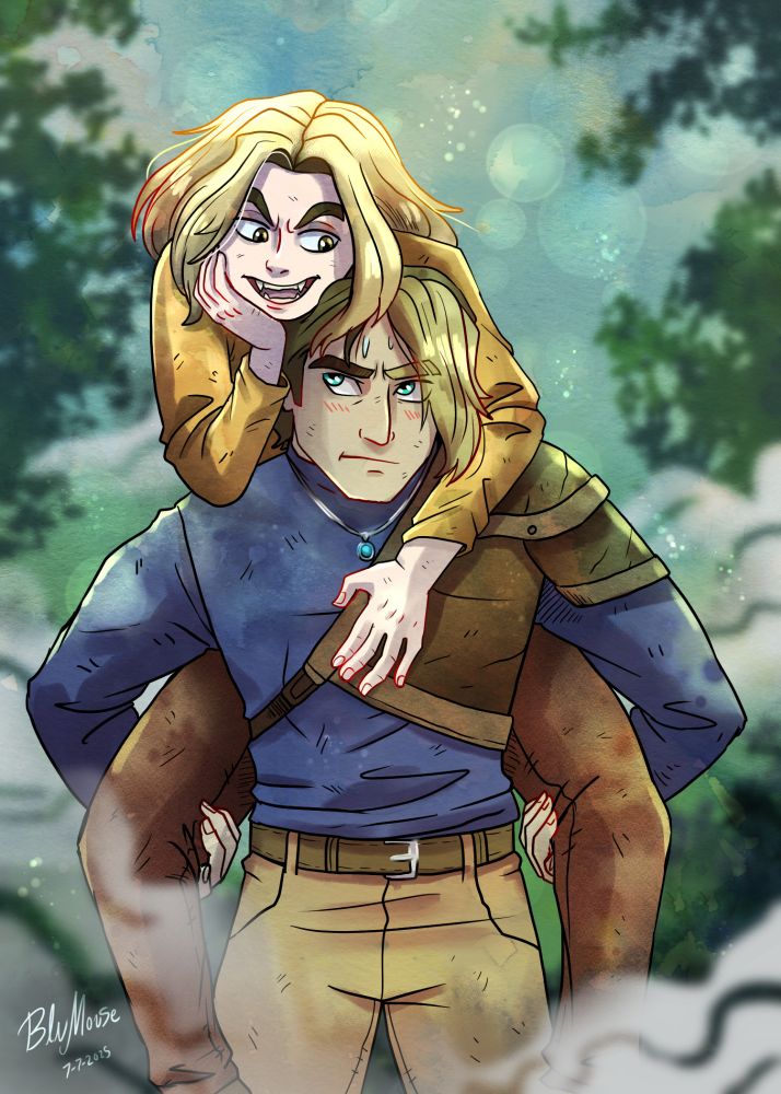 Kieran is carrying Ashi on his back, Ashi seems to be teasing him, Kieran is blushing slightly lol