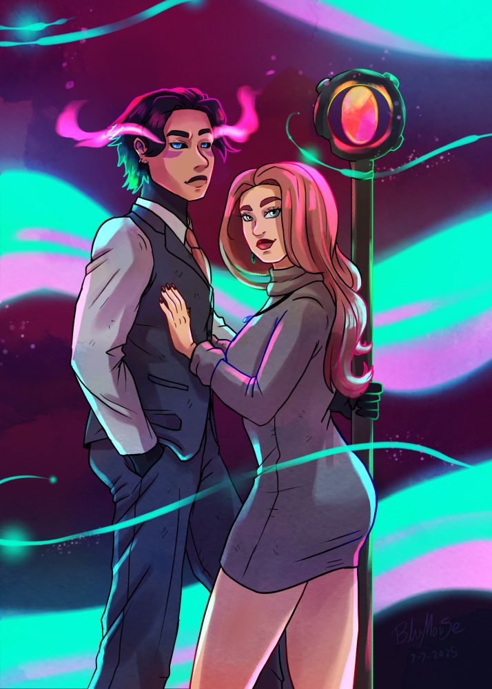 Grey and Mira standing together in fabulous poses, her hands on his chest.