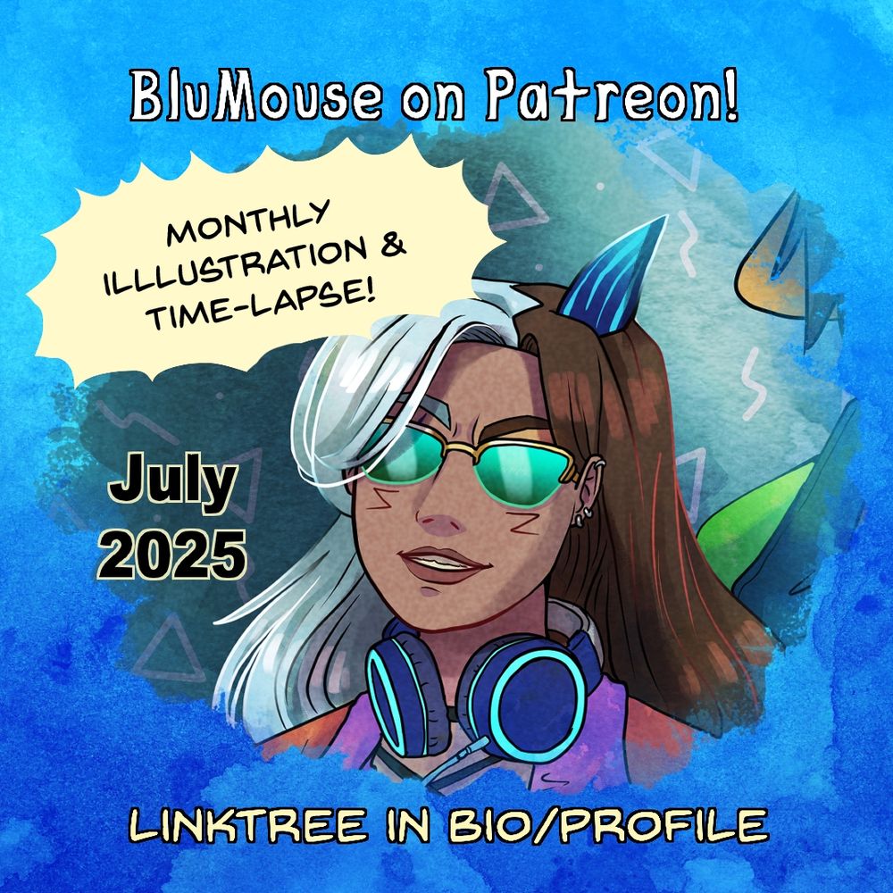 Patreon ad for blumouseart. preview of Lysandra wearing green sunglasses and  blue headphones