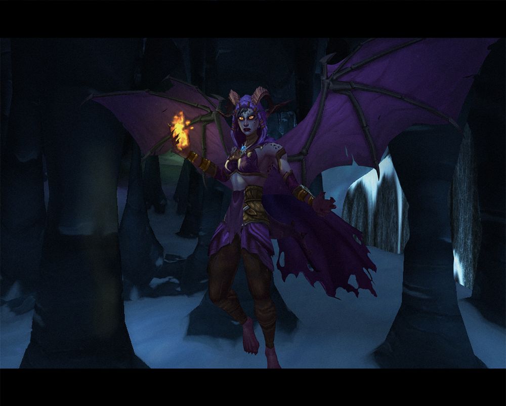 An in-game photo edit of WoW showcasing Deryn, a winged night elf, holding a ball of flame