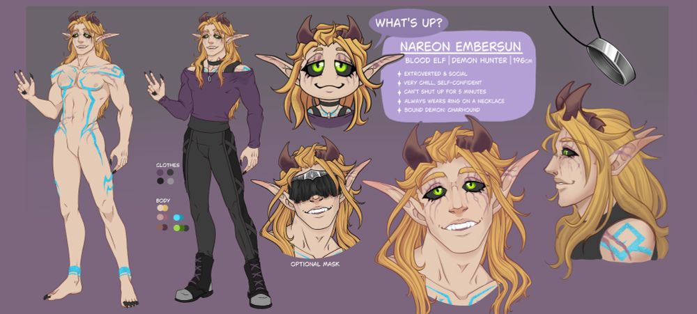 A reference sheet for my demon hunter Nareon, showing 3 bust drawings, a chibi bust, 2 full-body drawings and his necklace. 