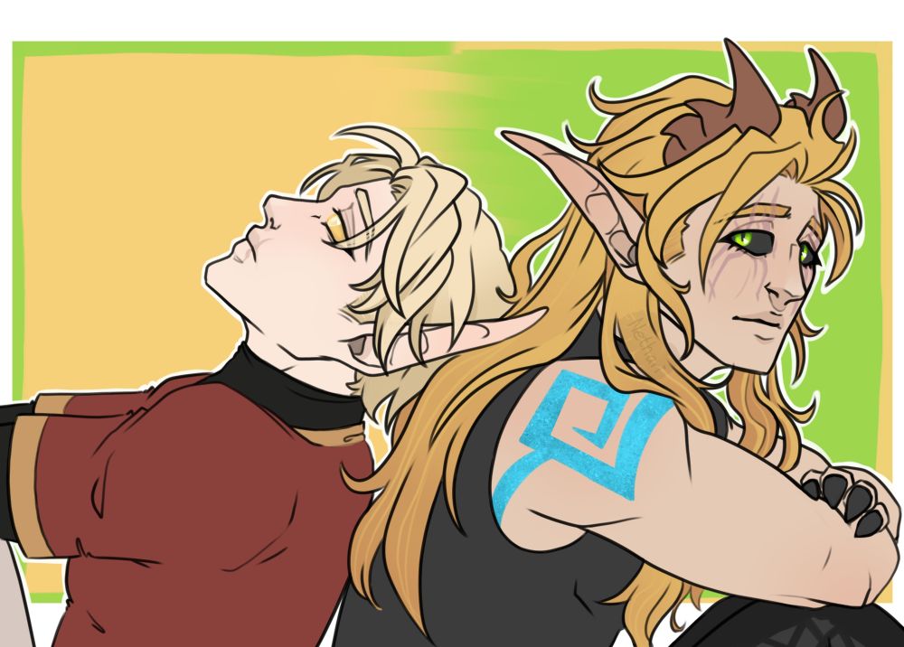 A drawing of the two blood elves Iradei and Nareon, leaning their backs against each other. 