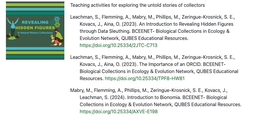 Screenshot of references to three teaching exercises for instructors in biological collections.