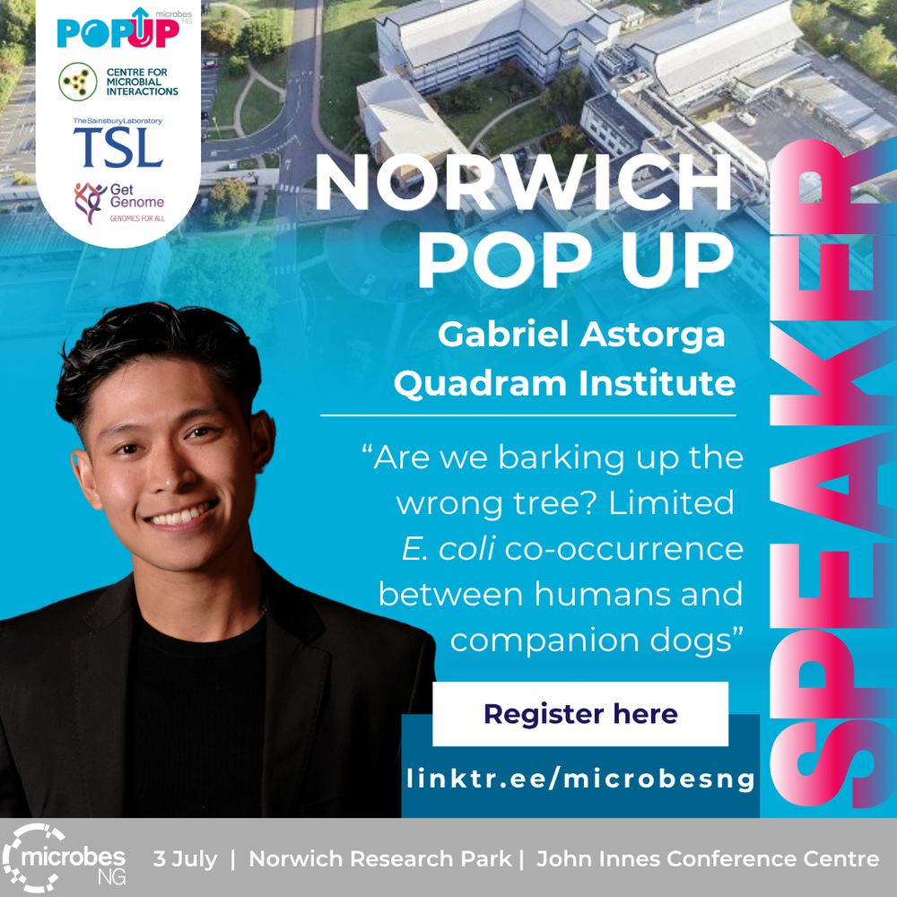 Promotional poster for the "Norwich Pop Up" event featuring Gabriel Astorga from the Quadram Institute as a speaker. The title of his talk is: "Are we barking up the wrong tree? Limited E. coli co-occurrence between humans and companion dogs." The poster includes a professional photo of Gabriel smiling in a black blazer. Logos for the Centre for Microbial Interactions, The Sainsbury Laboratory, and GetGenome are displayed at the top left. At the bottom, the event details are listed: 3 July at the Norwich Research Park, John Innes Conference Centre. The MicrobesNG logo is also included. A button says "Register here" with a link: linktr.ee/microbesng. The word "SPEAKER" is vertically aligned along the right side in large pink letters.