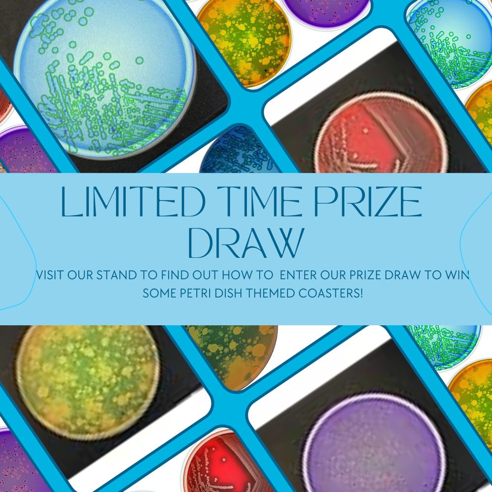 Promotional graphic featuring colorful images of petri dishes resembling bacterial cultures. The text reads: 'Limited Time Prize Draw. Visit our stand to find out how to enter our prize draw to win some petri dish themed coasters!' The design incorporates a blue banner overlay and bright, science-inspired visuals