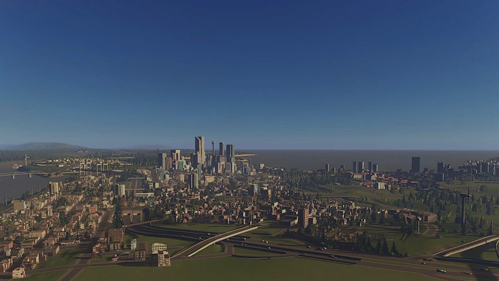 Screenshot of Cities: Skylines, a skyline can be seen in the distance