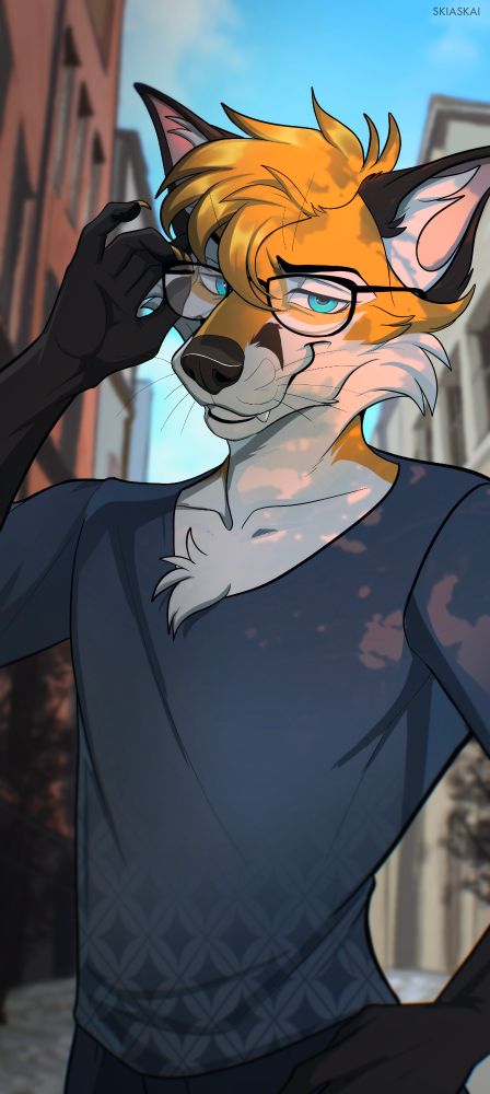 Slender anthro fox with glasses and blue eyes wearing a black T-shirt and looking smug.