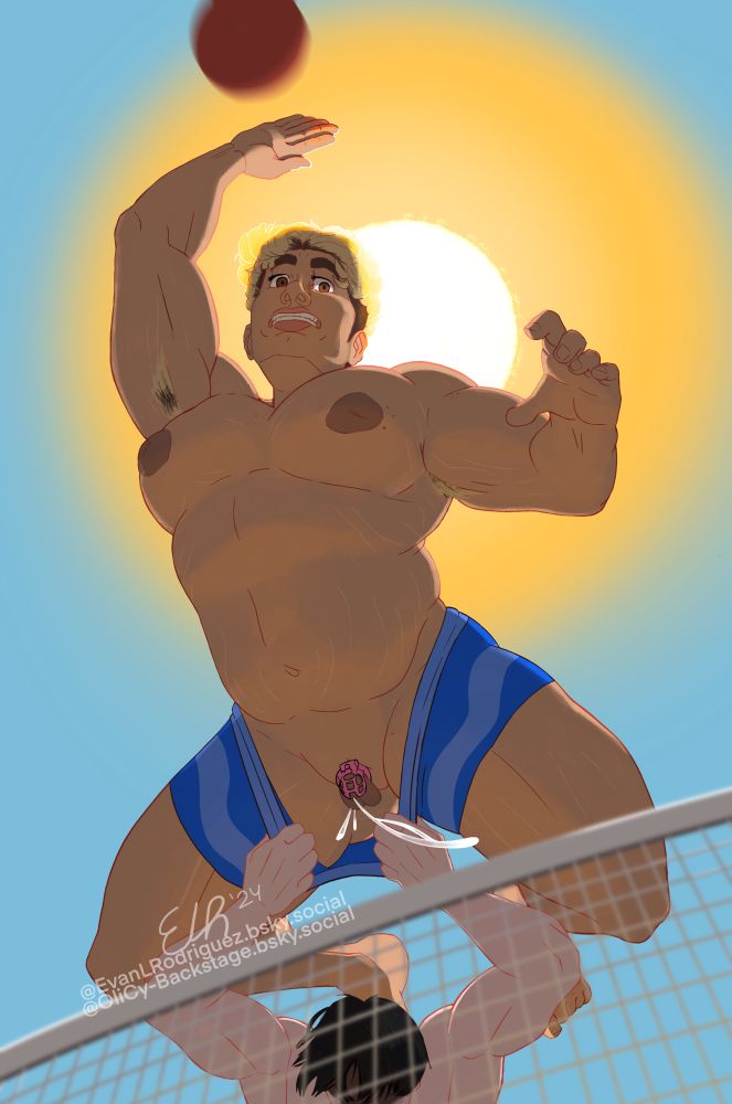 Below view of Oliver leaping into the air to spike a ball. He’s making an alarmed expression as the person below him is wrenching down his shorts, revealing his penis locked in a chastity cage, which is ejecting some cum. The sun is behind Oliver, casting him mostly in shadow. A net in the foreground obscures the figure pulling down Oliver’s shorts.