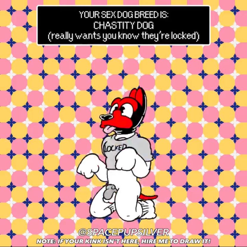 Screenshot of reposted video, featuring a cartoon of a kneeling person in a pup hood, locked in a chastity cage.