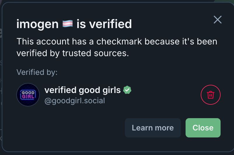 screenshot from deer.social showing my account has been verified by goodgirl.social as a verified good girl