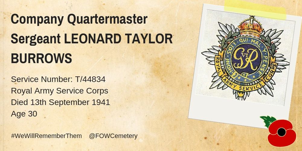 An information card showing information of Company Quartermaster Sergeant Leonard Taylor Burrows. 