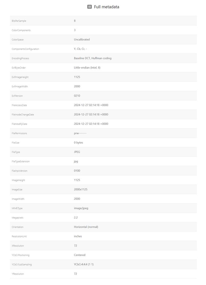 Screenshot showing metadata attached to a photo after uploading it to Bluesky, which removes all personally identifiable information.
