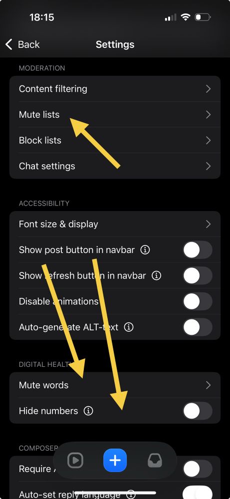 A screenshot of the settings view. Yellow arrows points to „mute lists“, „mute words“ and „hide numbers“