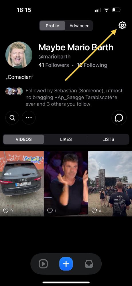 A screenshot of the profile view in the app. A yellow arrow points to the settings button in the upper right. 