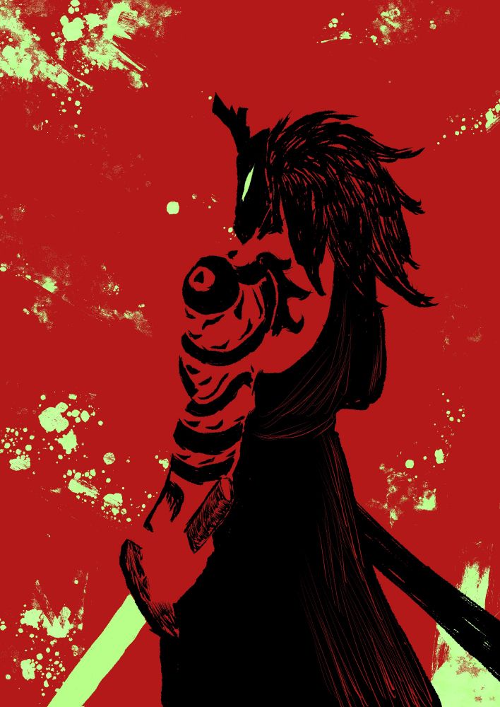 Uhhh its a guy with a dragon mask and a robe and a dragon tattoo and a sword and everything is red except his tat, robe and mask and hair for like a cool empty space effect idrk how to describe this one tbh I got pretty experimental for once also his sword is like a light neon green and there's some green splatters spread around