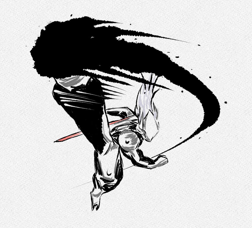 Hakumen from blazblue doing a lil roundhouse kick or something with a streak of ink to show the swing of it