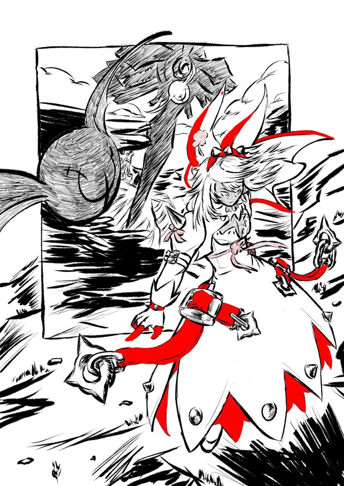 Ramlethal wearing elphelts clothes from xrd sign, also lars canyon is in the background, also lucifero is flying around but like the 2 mini ones