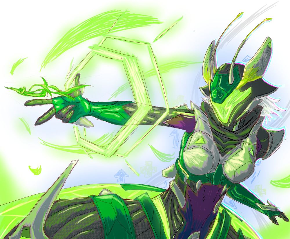 Mantis in her galactic wings skin from marvel rivals firing off a like plant dart thing idk its her default attack in the game basically 