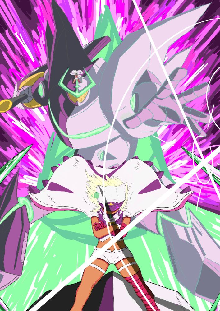 Ramlethal standing atop a giant half black and half white mech like lucifero styled like something from promare or gurren lagann