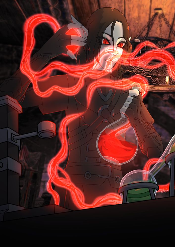 Fennorian Ravenwatch, a dark haired pale vampire elf, conducting an alchemic experiment