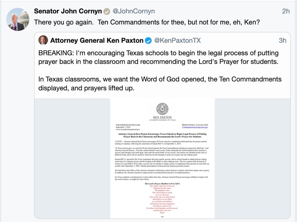 John Cornyn tweet criticizing Paxton