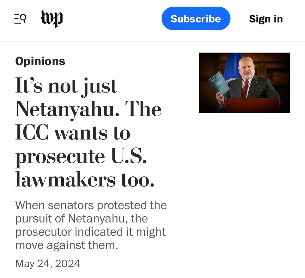 Washington Post
It's not just
Netanyahu. The ICC wants to prosecute U.S. lawmakers too.
When senators protested the pursuit of Netanyahu, the prosecutor indicated it might move against them.
May 24, 2024