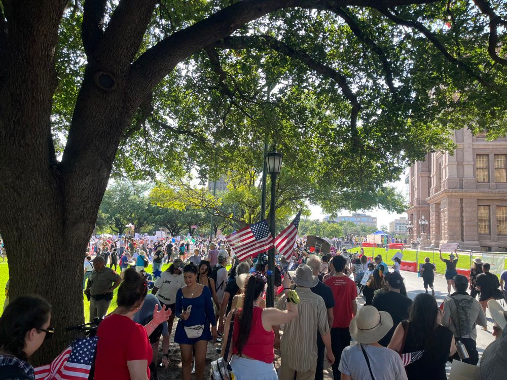 Lots of people on a grassy hill at the state capitol in Texas. 