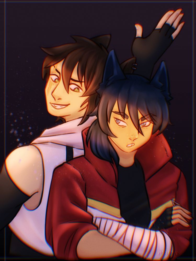 ArtFight revenge: Eric and Damien for macabre monster! Eric and Damien are wolf hybrids; Eric is in the front with blue hair, arms crossed and Damien is behind him with brown hair, a smirk and one hand raised and a scar going down his eye.