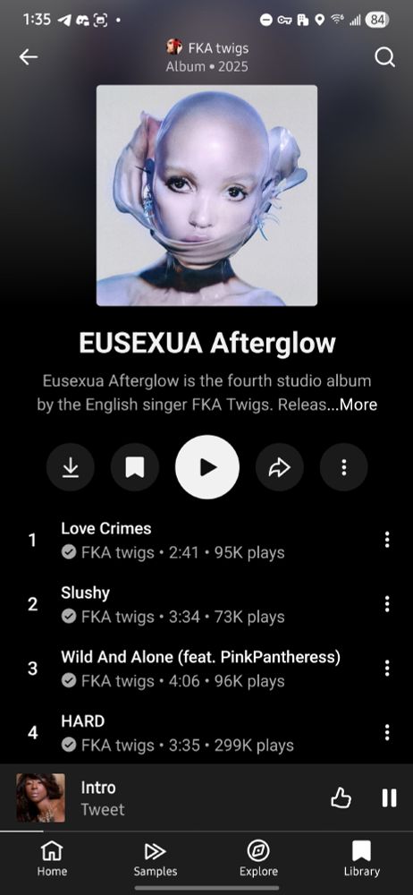 A screenshot of FKA Twigs's latest release, EUSEXUA Afterglow!! Chaotic, bass heavy, and goes so stupid in the car it's borderline mandatory to listen to it there IMHO. Call it overproduced or all over the place I do not care this is an album I'll die on a hill for and I didn't think I'd feel THIS strongly about a Twigs album this year.