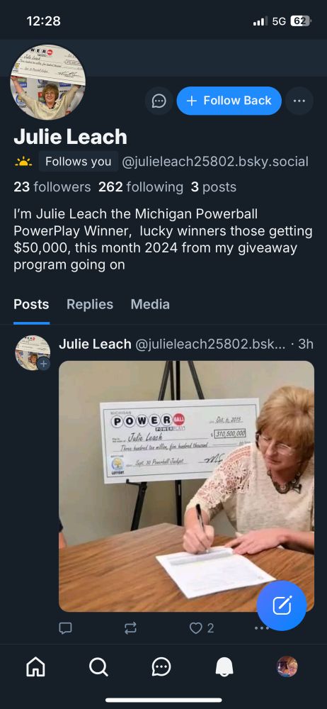 Screencap of julieleach25802's profile which says "I'm Julie Leach the MI powerball winner, lucky winners those getting $50000 this month..." and a photo of a woman and a large powerball check 
