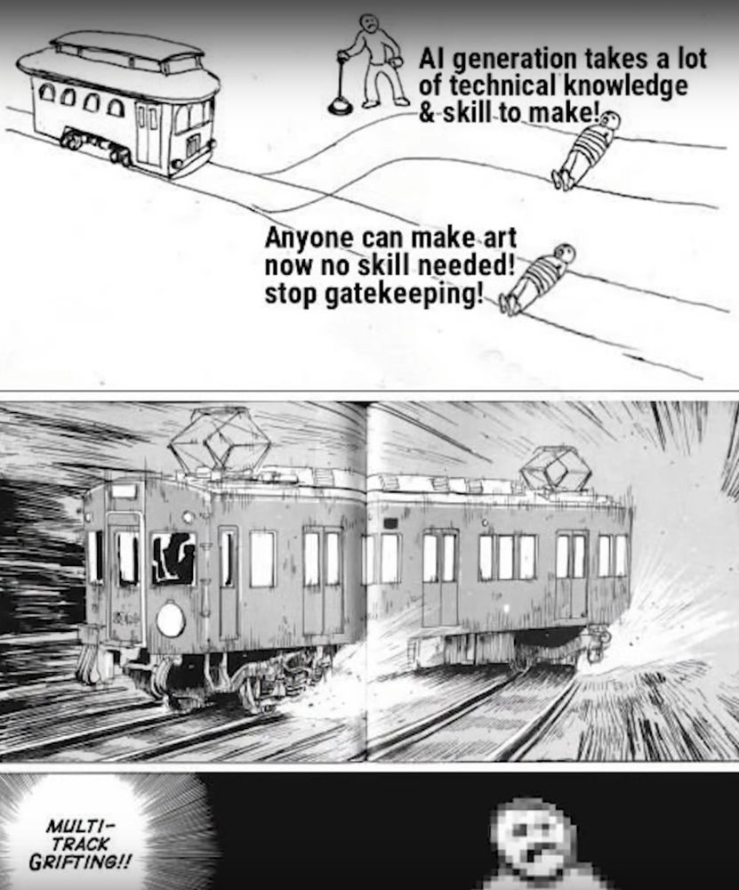 A trolley has an option of two tracks, each with a person tied to the track.
The first track says "AI generations 