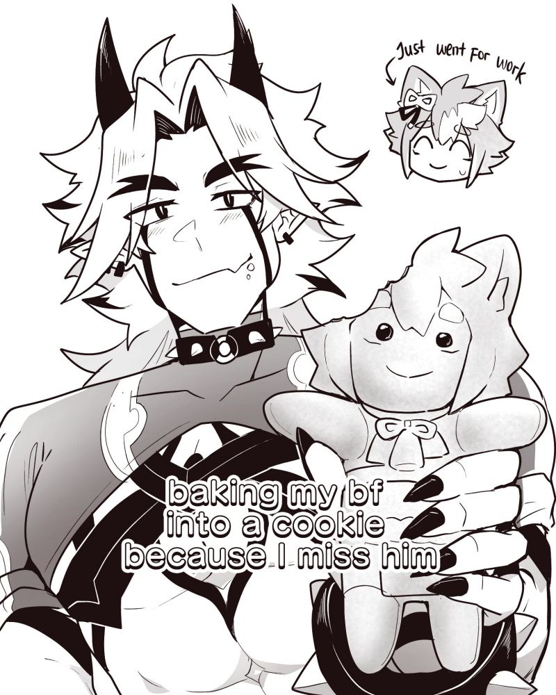 "Baking my bf into a cookie because I miss him" meme. Itto is holding a cookie shaped like Gorou with its left ear bitten off proudly while Gorou just went for work.