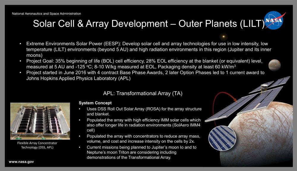 Shows perovskite solar array developed to power missions to the outer planets and moons. From: https://ntrs.nasa.gov/api/citations/20220011245/downloads/McNatt%20SPRAT%2027%20Final.pdf