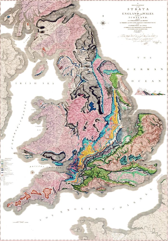 William Smith’s 1815 Geological Map of England, Wales and part of Scotland. The colorful map shows the extent of the rocks by type using a different color for each, and the successive ages including a legend that correlates the rocks from young on top to older on the bottom. There is also a cross section that shows how the strata dips to the east across the area.