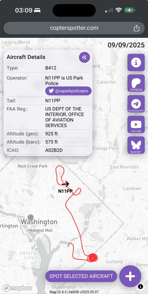 Copter spotter screenshot of USPP helicopter doing very loud loop de loops over my neighborhood 