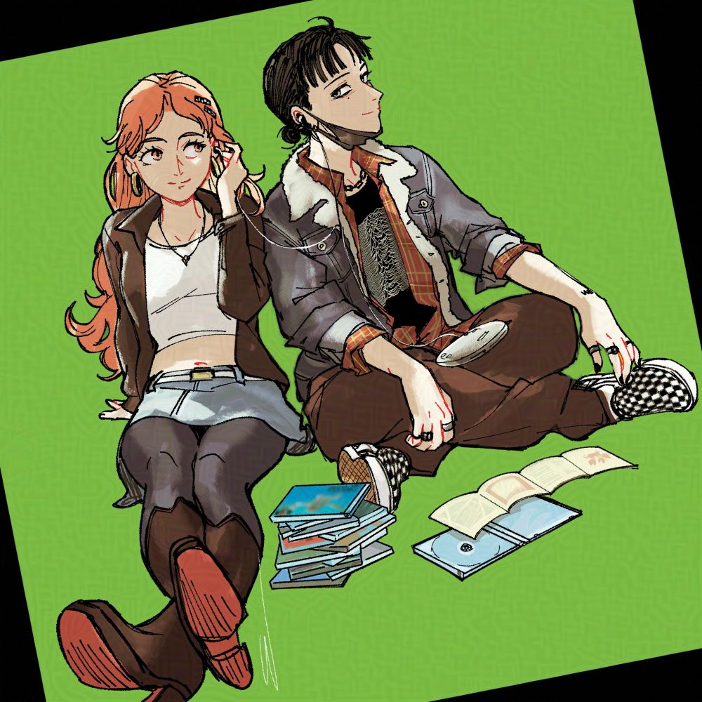 ayamitsus sharing corded earbuds from a discman(!!). from the green yuri manga 