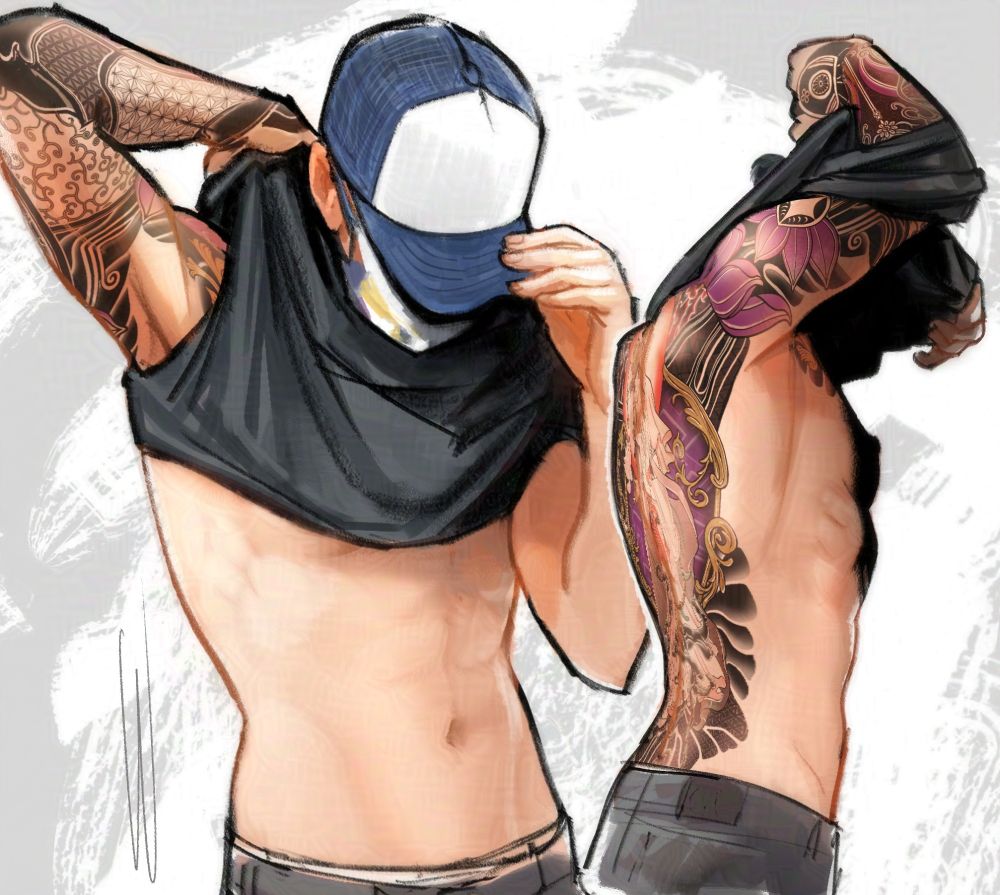 Soh undressing and revealing all their ink hidden underneath