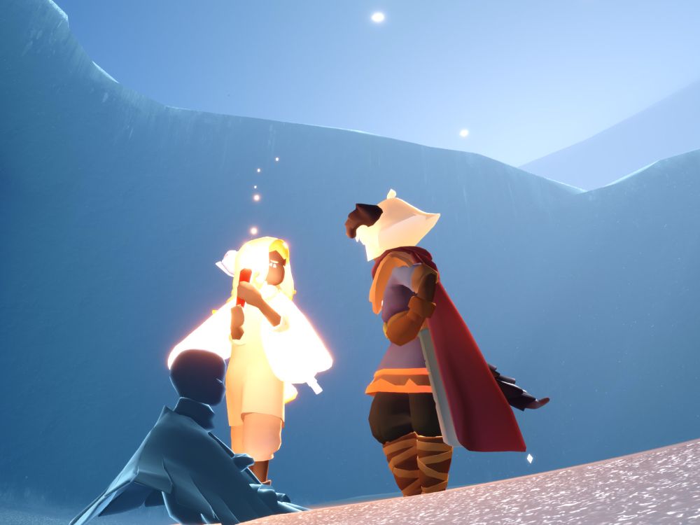A in game screenshot of three players one of which is holding a candle