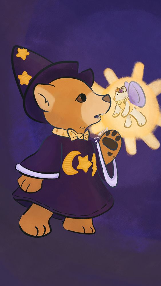 A bear dressed as a wizard looking wistfully to a fairy bear