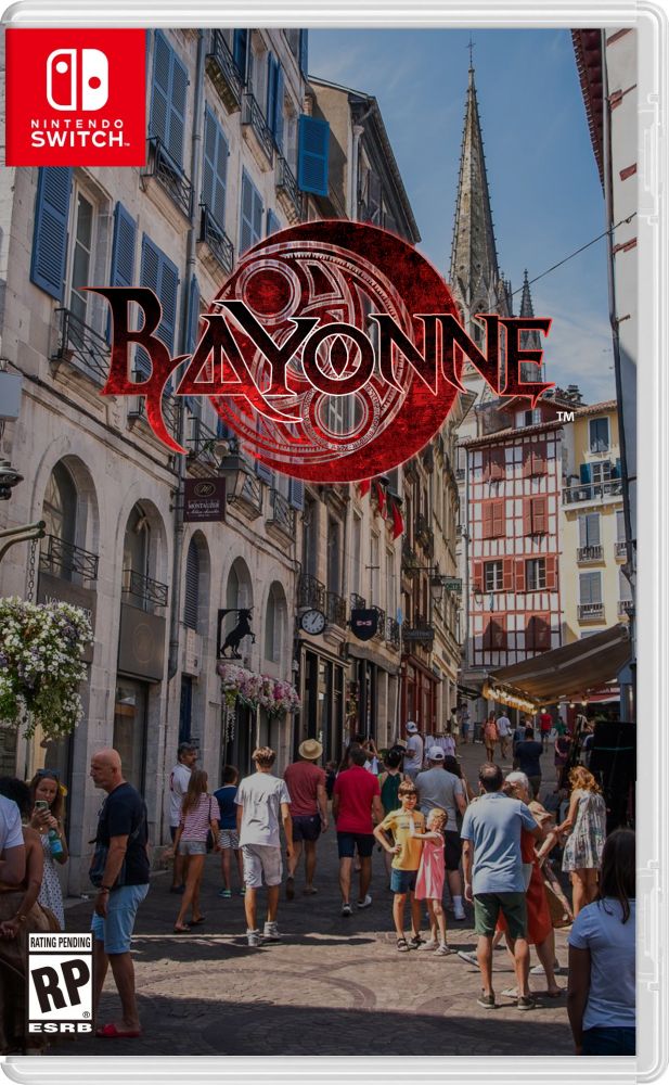 Covert art pour le jeu "Bayonne", le logo est une parodie du logo Bayonetta