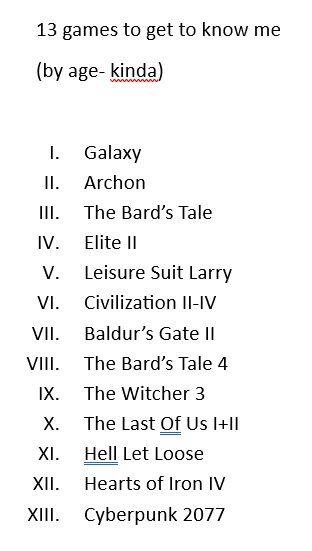 Pic of list of 13 games to get to know me by