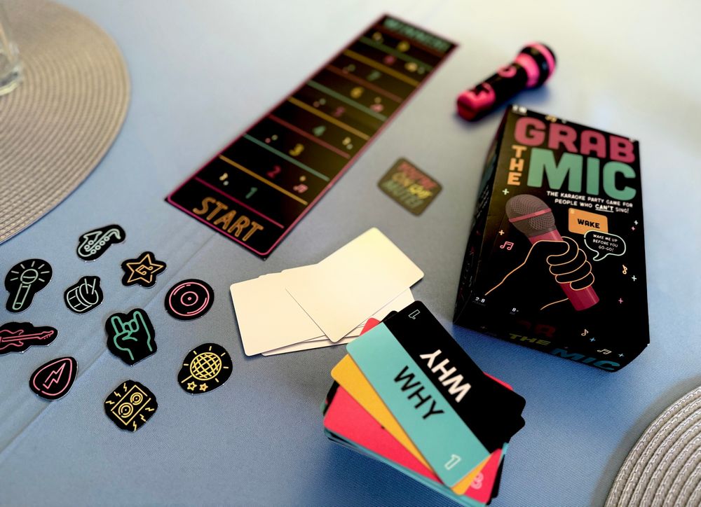 “Grab the Mic” game set up on a table. 