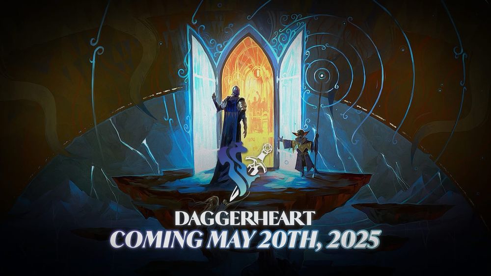 New Cover Art for the upcoming Daggerheart RPG System from Critical Role’s Darrington Press with a release date (May 20th, 2025). Features two primary figures, one tall in a suit of armor, another goblin style and stature character wielding a magic staff looking through an arcane door.