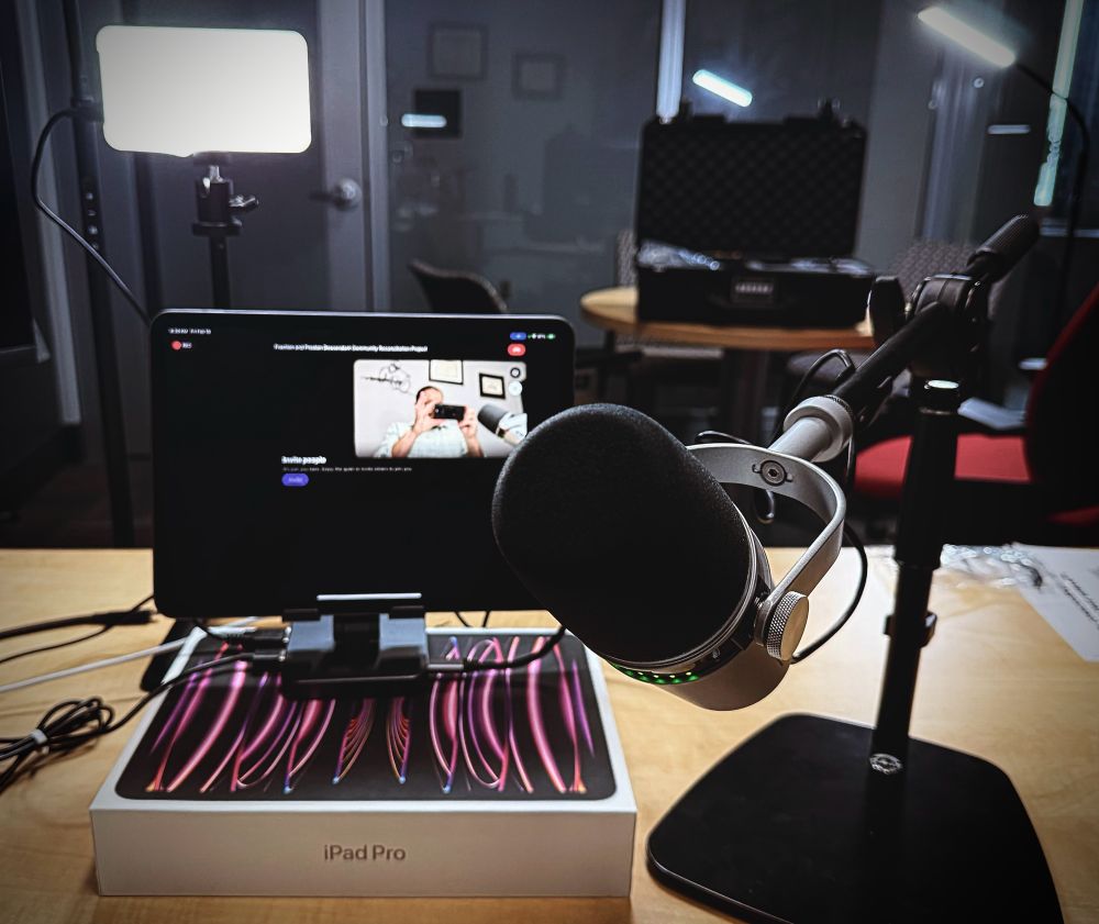 Oral history kit, Shure MV7 mic, iPad, and light