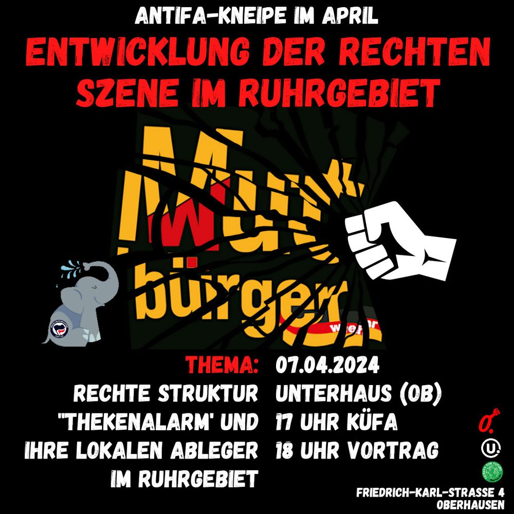 Sharepic Antifa-Kneipe am 7.4.24 in Oberhausen.
Rechte Struktur "Thekenalarm" und ihre- lokalen Ableger im Ruhrgebiet.