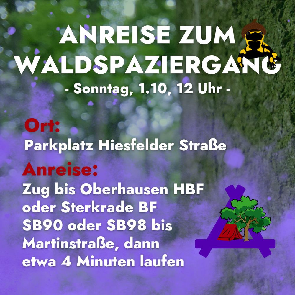 Sharepic: Anreise zum Waldspaziergang So. 1.10, 12:00 Uhr Parkplatz Hiesfelder Straße. Anreise: Zug bis Oberhausen HBF oder Sterkrade BF, SB90 oder SB98 bis MartinStr. dann etwa 4 Minuten laufen.