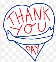 A hand-drawn heart shape outlined in blue with red text inside that reads “THANK YOU.” A blue outline of arms is wrapped around the heart in a hugging gesture. Below, in red, it says “DAY.” The image symbolizes gratitude and appreciation.